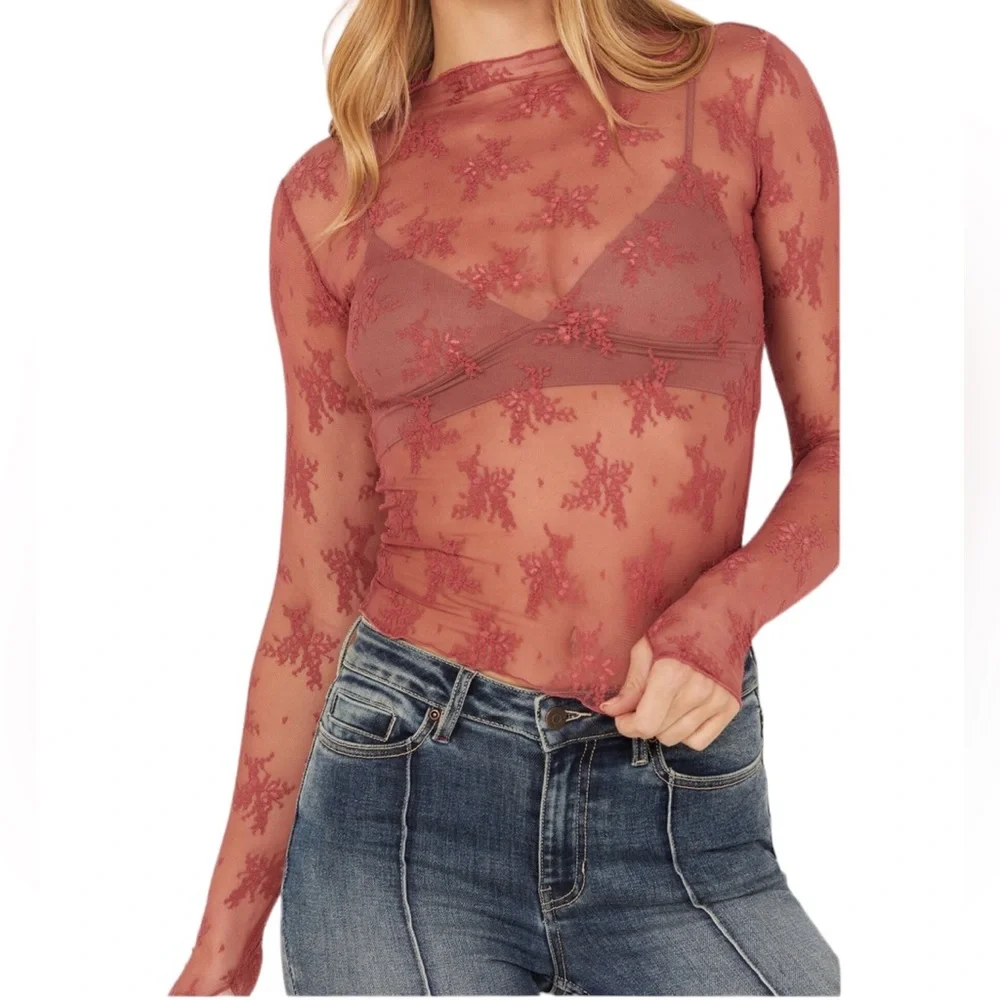 Free People Sheer Floral Long Sleeve Top in Dusty Rose